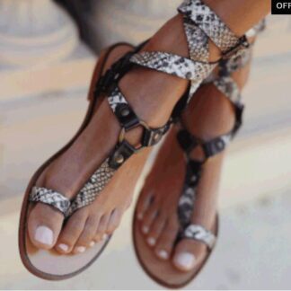 Foot Loop Strap Sandals Flat Heel Roman Style Snake Leather